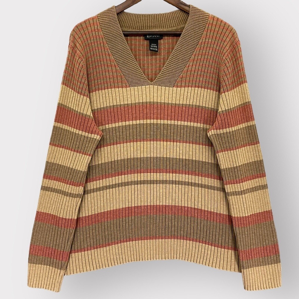 Lane Bryant Sweater Womens 22/24 Tan Terracotta Striped Ribbed V-Neck Excellent